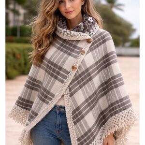 Cozy Plaid Crochet-Trim Poncho - Cream & Gray,medium,wool,wood buttons